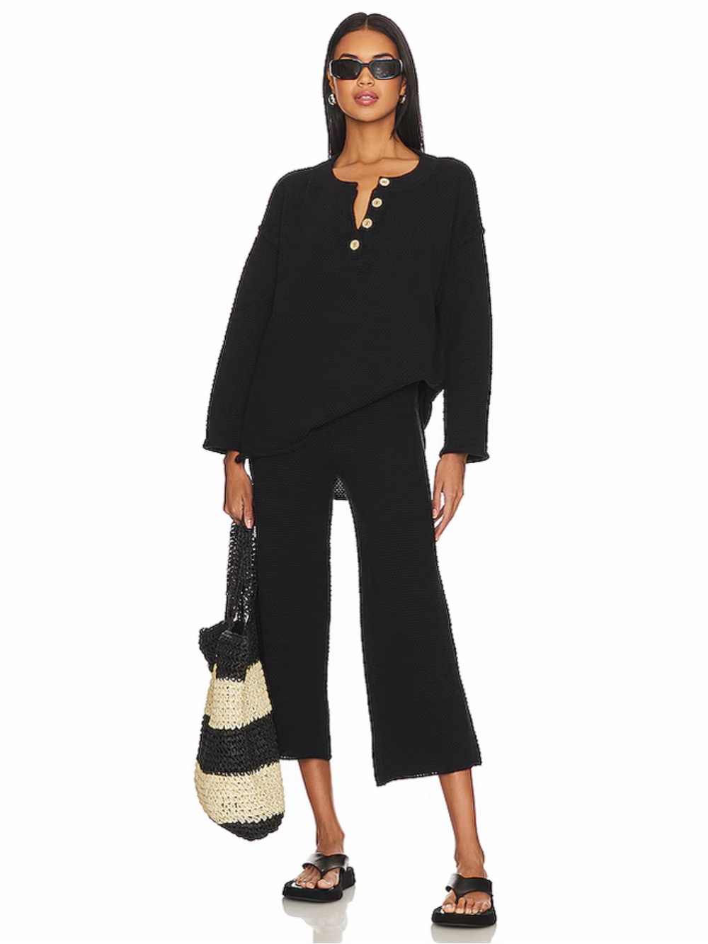 Free People Beach Hailee Pants Size L Black Waffle Knit Wide Leg Crop Minimalist - Picture 2 of 11